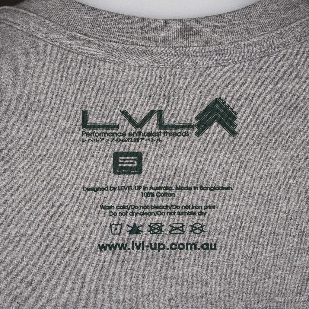 Level UP Nissan RB26 engine diagram T-shirt in grey with close up on neck label screen print displaying wash instructions