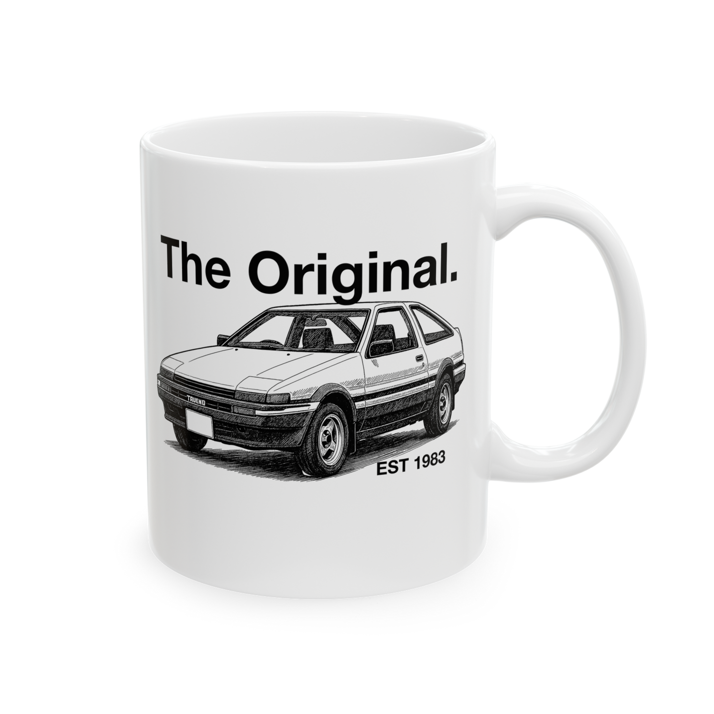 Custom “The Original” white ceramic mug with illustrated AE86 and EST 1983 – perfect nostalgic gift for car lovers from Level UP Apparel