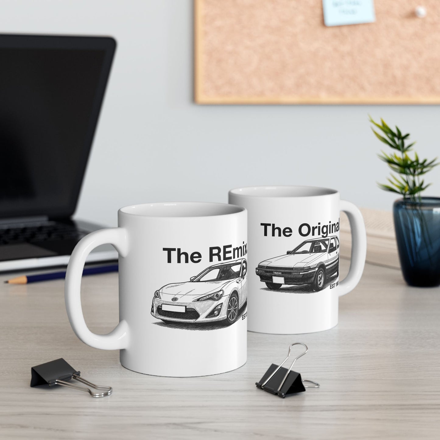 Custom “The Original” and “The REmix” car illustration mugs – matching set for car lovers and Father’s Day gifts – Level UP Apparel