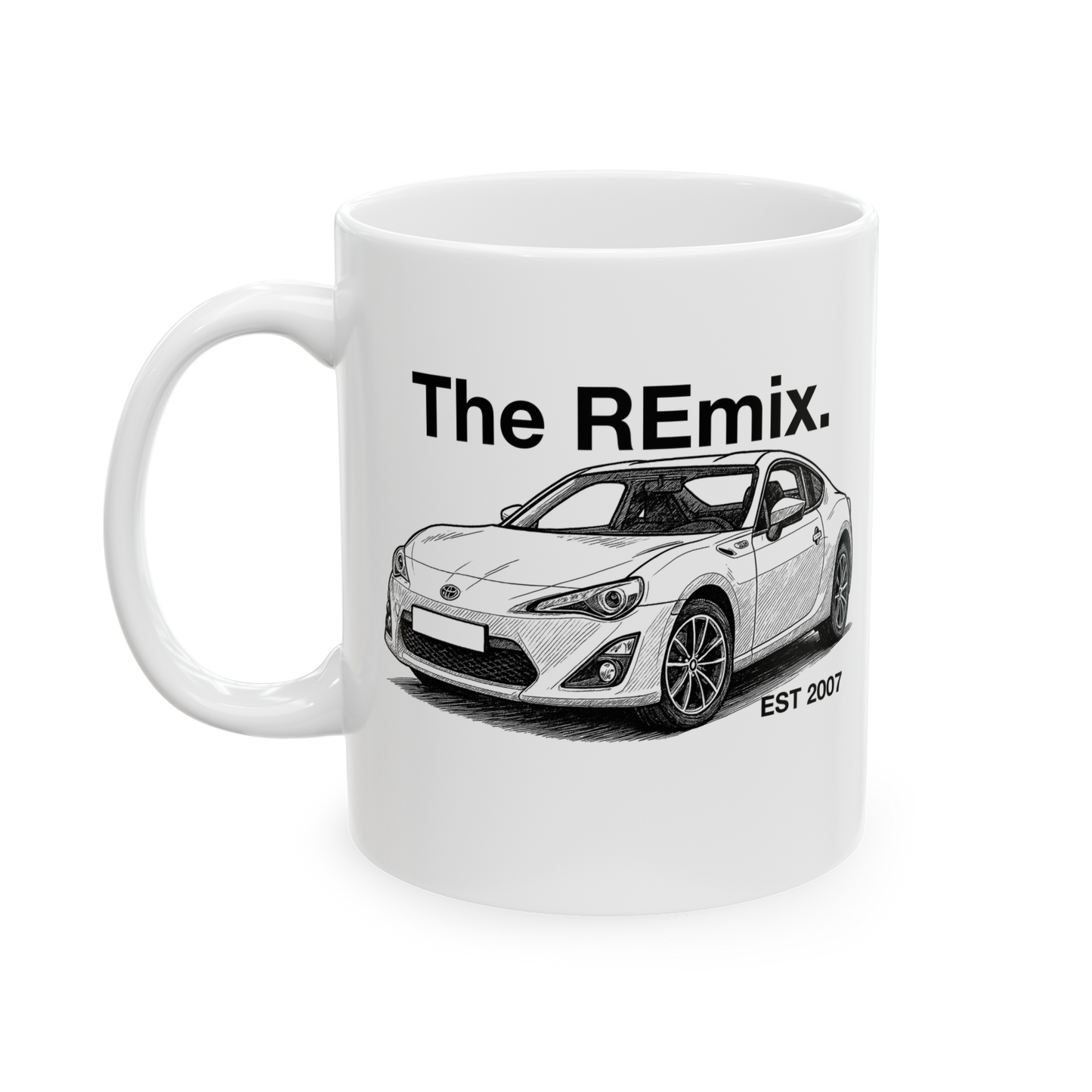 Custom “The REmix” white ceramic mug with illustrated 86 and EST 2007 – perfect car enthusiast gift from Level UP Apparel