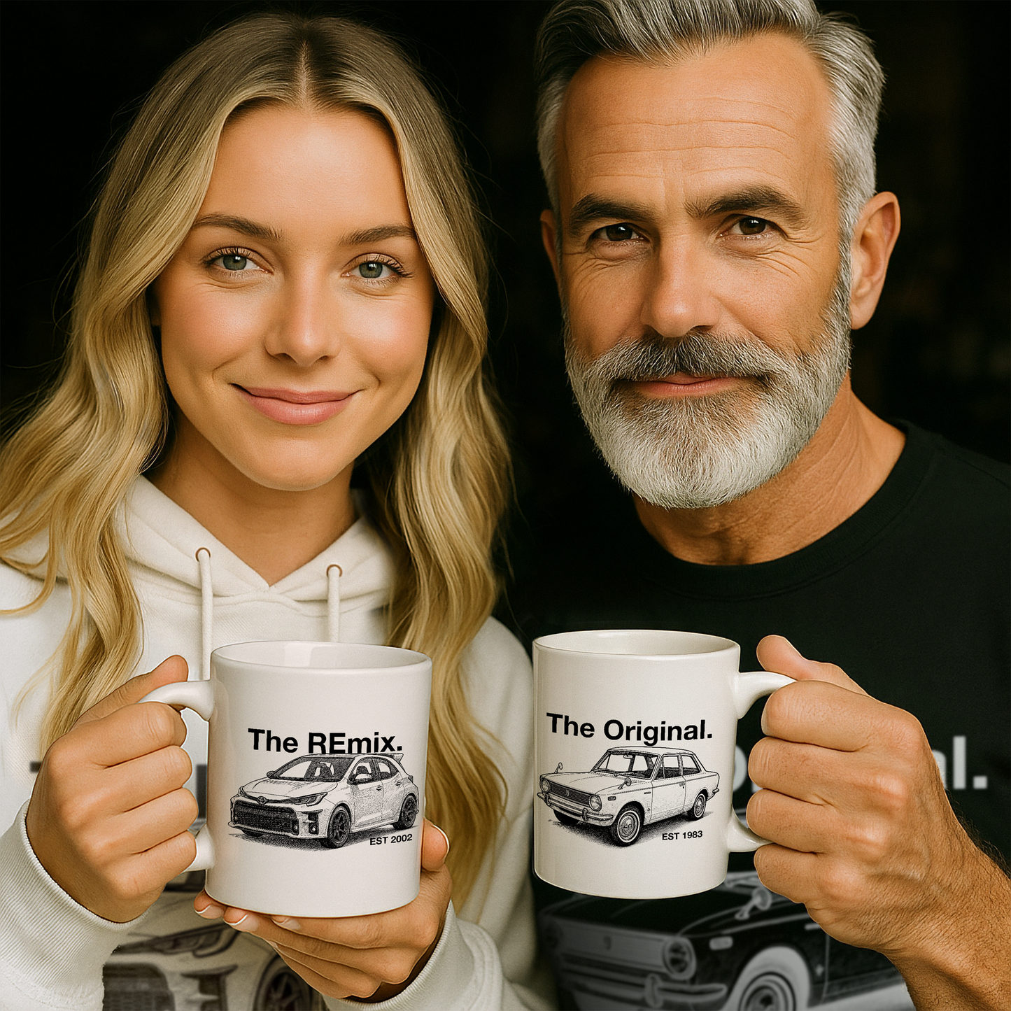 Father and daughter holding custom “The Original” and “The REmix” car illustration mugs – matching personalised gift set from Level UP Apparel