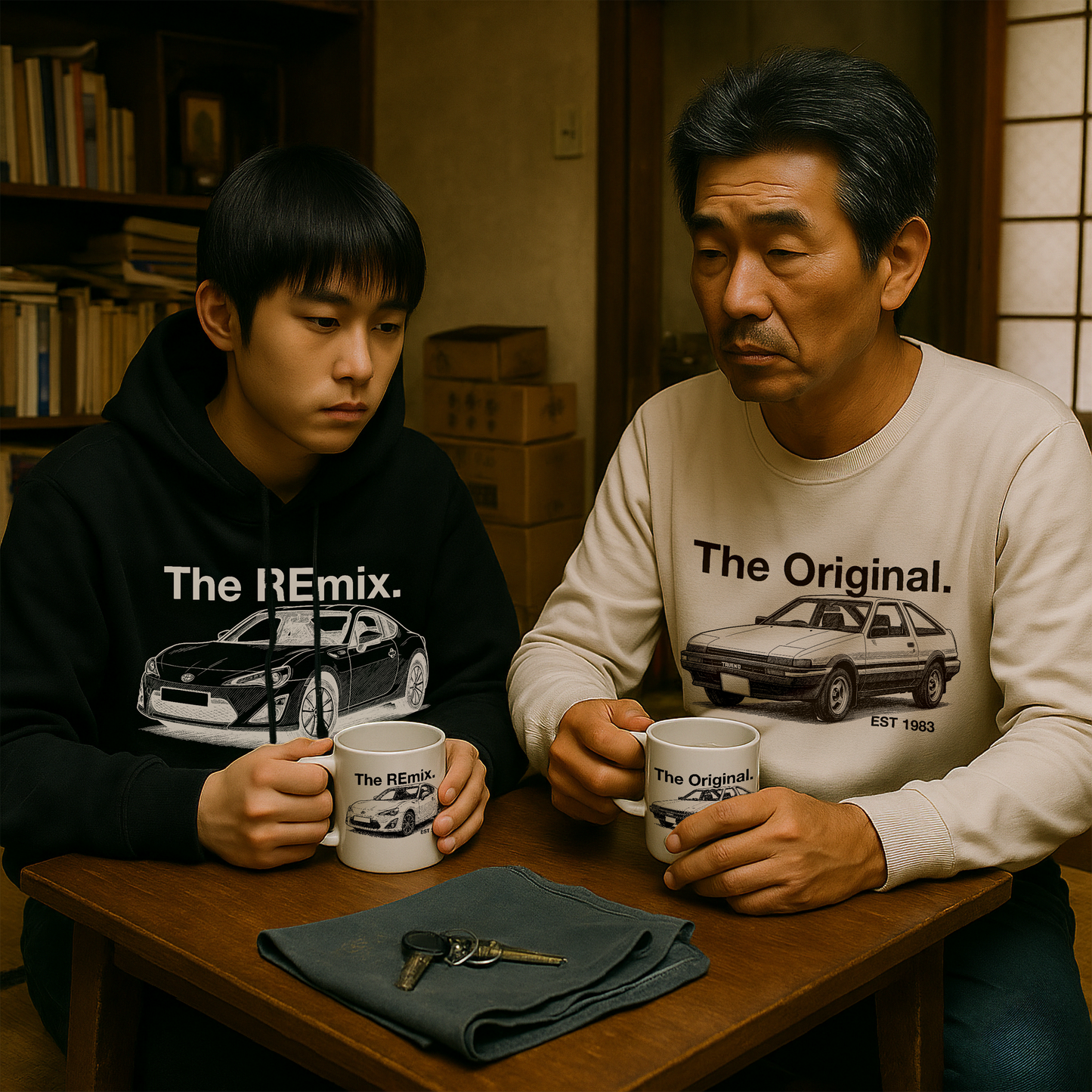 Japanese father and son sharing tea in a traditional home, each holding custom “The Original” and “The REmix” car mugs while wearing matching illustrated apparel from Level UP Apparel