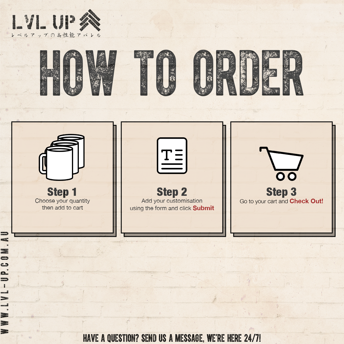 Step-by-step guide showing how to order a custom mug from Level UP – choose quantity, add customisation, submit form, and check out