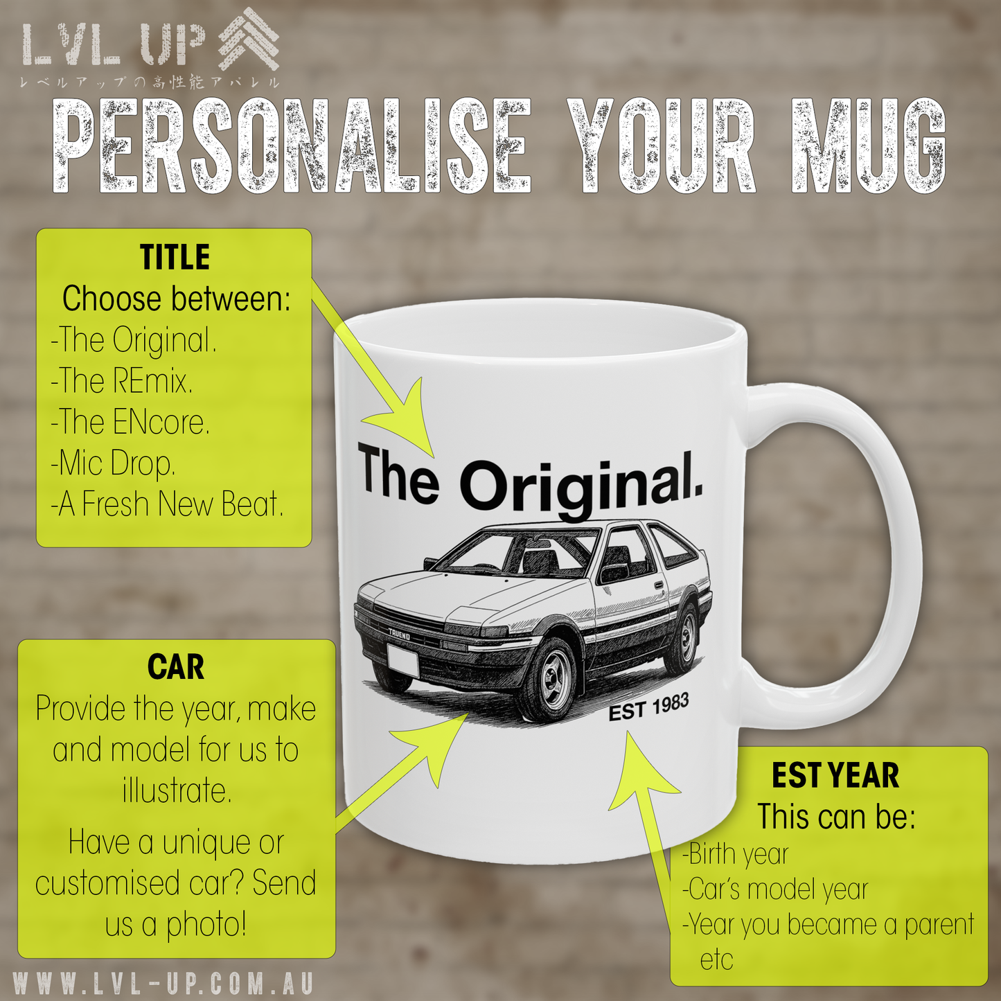 Personalisation guide for custom car mugs by Level UP – choose your title, car make/model/year, and custom EST year – “The Original” example shown