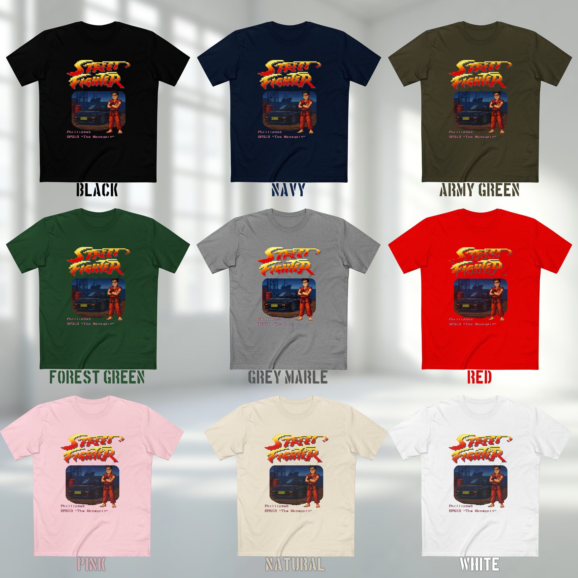 Colour guide showing 9 Street Fighter Pixel Art t-shirts in different colours: Black, Navy, Army Green, Forest Green, Grey Marle, Red, Pink, Natural and White