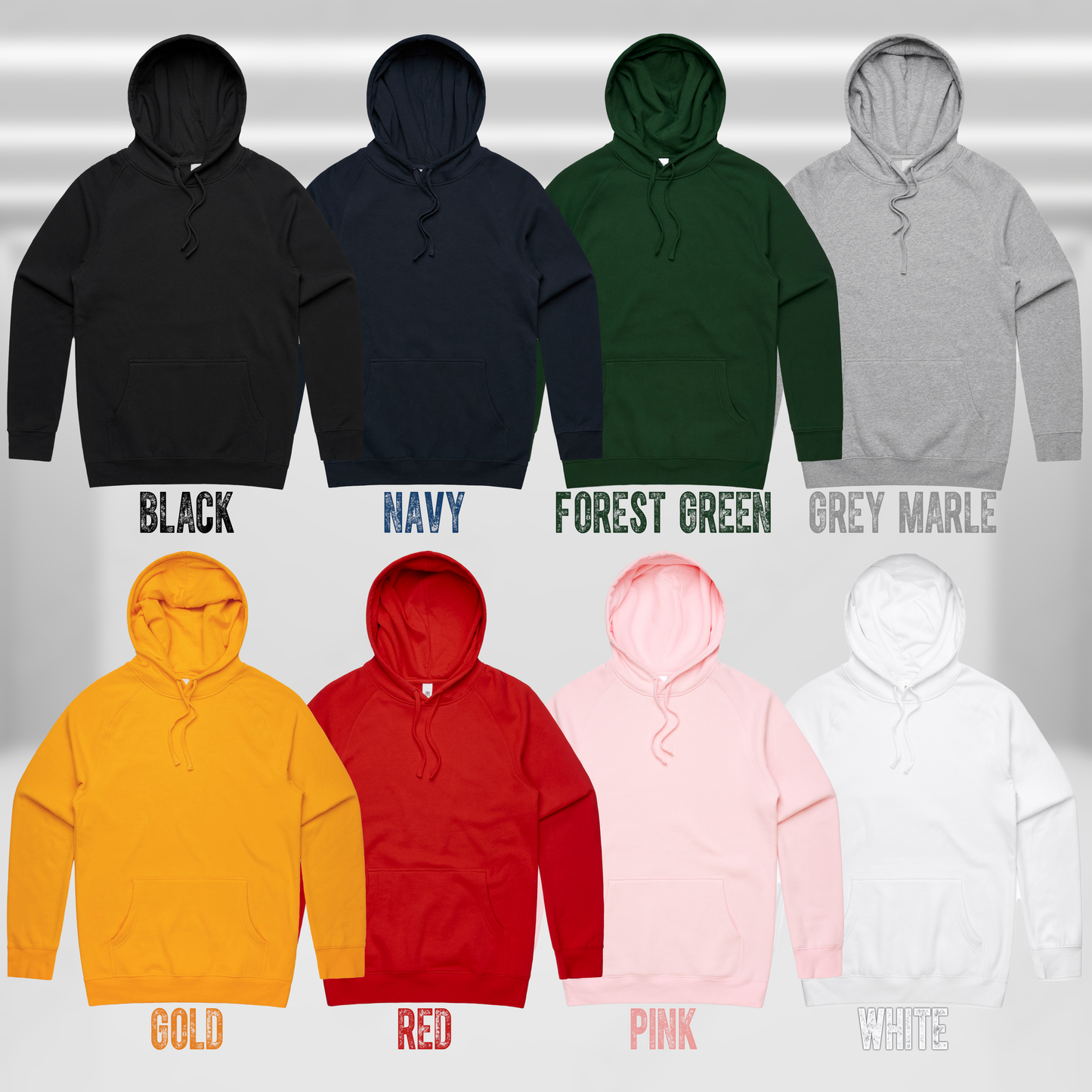 A hoodie colour guide displaying eight blank hoodies arranged in two rows, showcasing available colours for Level UP Apparel: Top row (left to right) – Black, Navy, Forest Green, Grey Marle; Bottom row – Gold, Red, Pink, White. Each hoodie features a front pocket and drawstring hood, presented on a neutral background with bold labels under each colour.