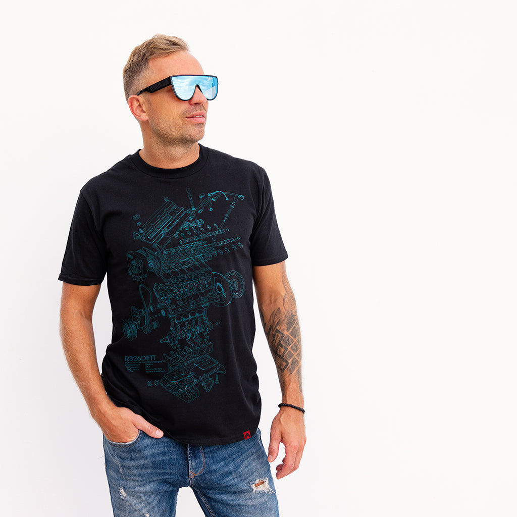 Level UP Nissan RB26 engine diagram T-shirt in black worn by male model in sunshades against a white background