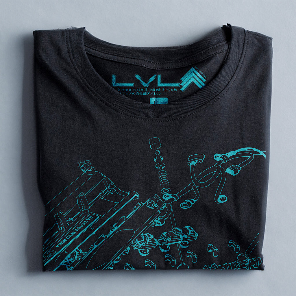 Level UP Nissan RB26 engine diagram T-shirt in black folded and placed on a neutral background