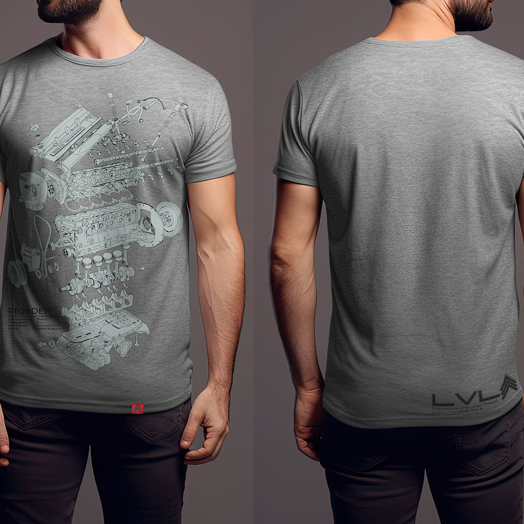 Level UP Nissan RB26 engine diagram T-shirt in grey viewed from the front and the back whilst being worn by a male model