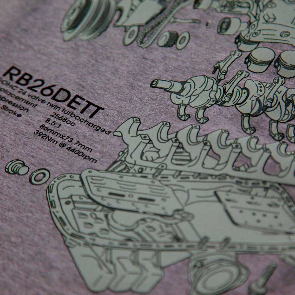 Close up of Level UP Nissan RB26 engine diagram T-shirt in grey showing intricacy of detailed screen print