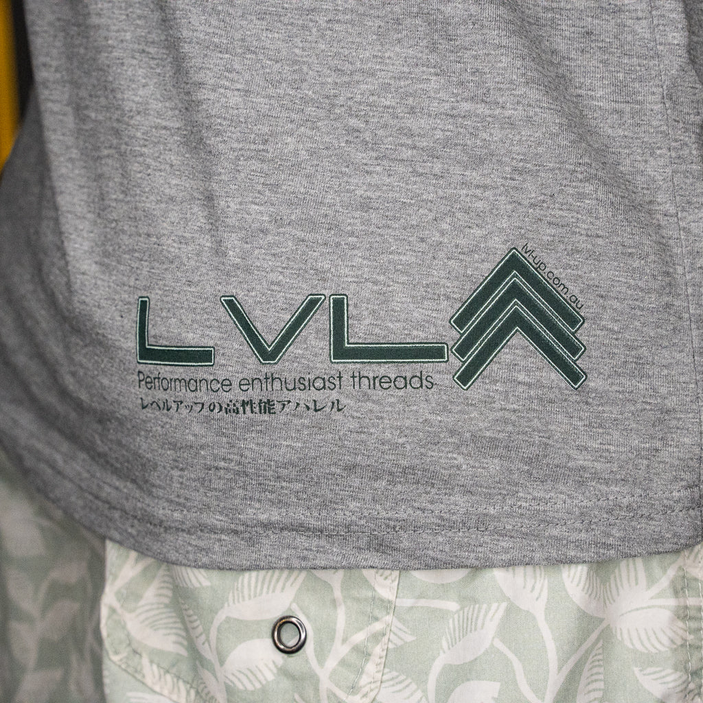 Level UP Nissan RB26 engine diagram T-shirt in grey with close up on Level UP rear label print