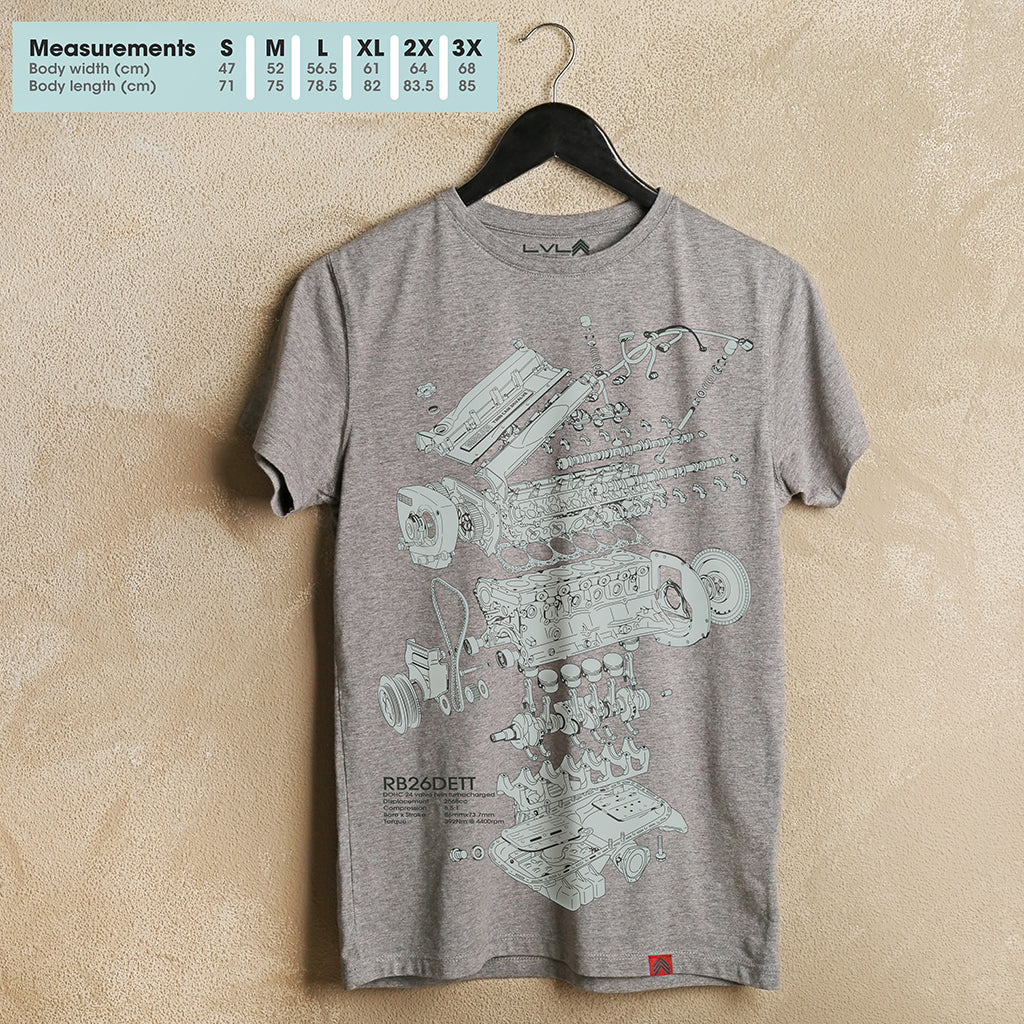 Level UP Nissan RB26 engine diagram T-shirt in grey, hung against a wall with measurement guide displaying dimensions for sizes S to 3XL