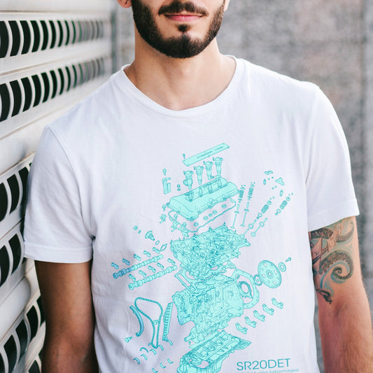 Nissan SR20 engine diagram T-shirt in white worn by male model outdoors