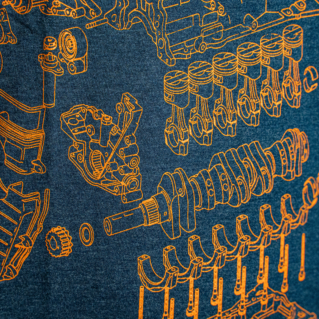 Level UP Toyota 2JZ engine diagram T-shirt in navy blue showing close up details of the screen print