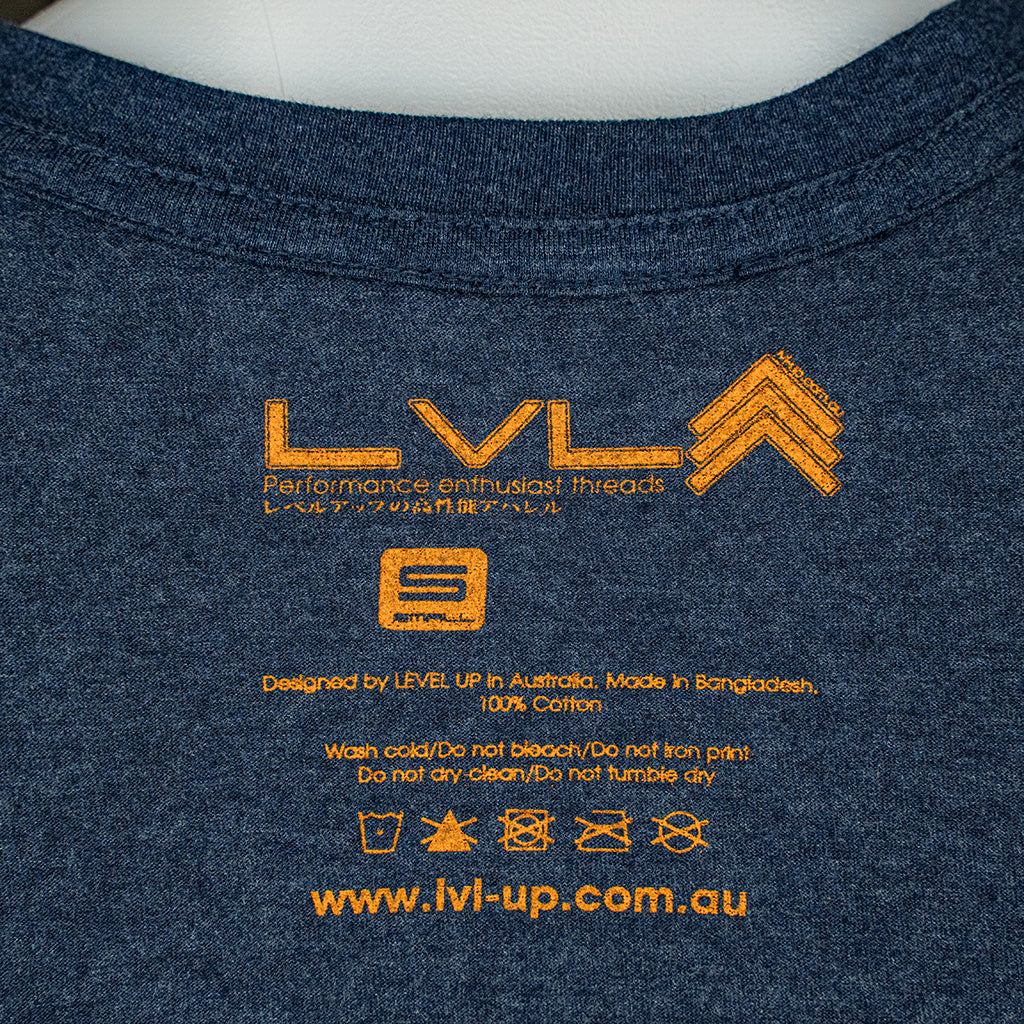 Level UP Toyota 2JZ engine diagram T-shirt in navy blue showing close up of neck print demonstrating wash and care instructions