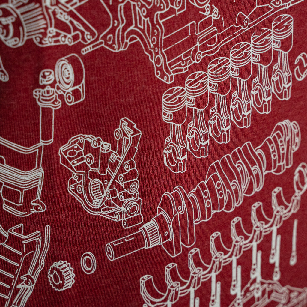 Level UP Toyota 2JZ engine diagram T-shirt in red showing a close up of the screen print art demonstrating intricate details