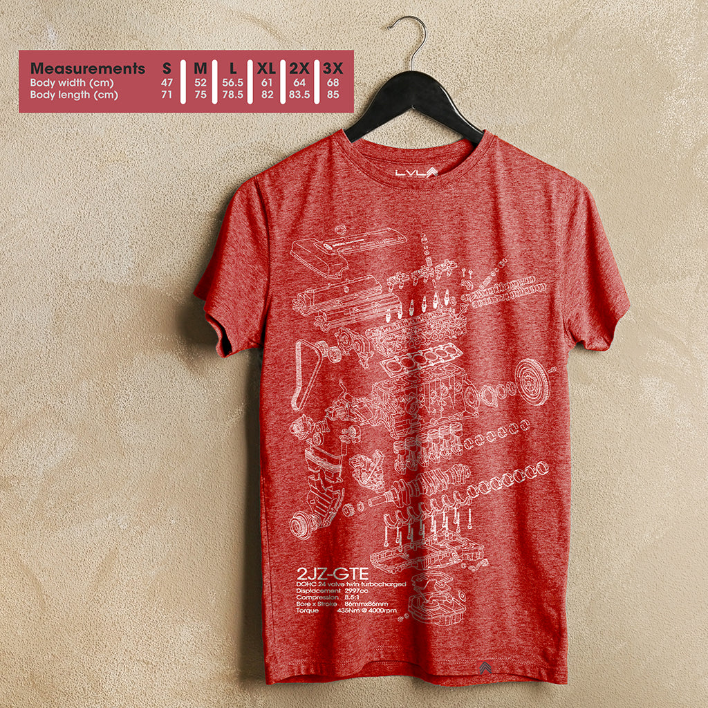Level UP Toyota 2JZ engine diagram T-shirt in red hung on a neutral wall by a coat-hanger displaying its screen printed art and including a measurement guide describing the dimensions from sizes Small to 3XL