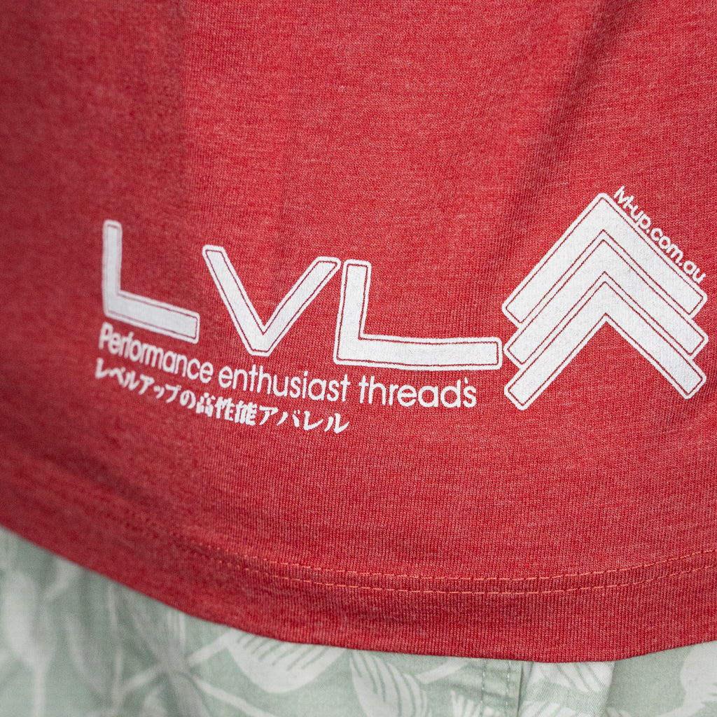 Level UP Toyota 2JZ engine diagram T-shirt in red showing close up of rear print of Level UP emblem