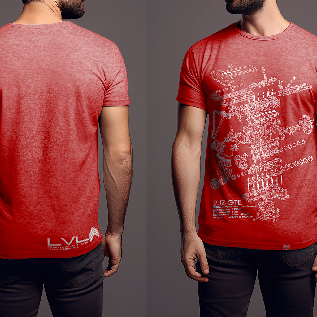 Level UP Toyota 2JZ engine diagram T-shirt in red worn by a male model displaying both the front and back details