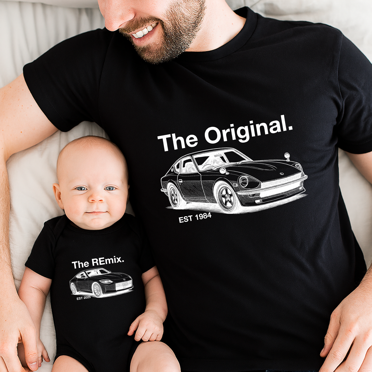 Matching car-themed shirts for dad and baby featuring The Original and The Remix designs with classic Datsun 240Z and RZ34 illustrations