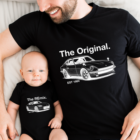 Matching car-themed shirts for dad and baby featuring The Original and The Remix designs with classic Datsun 240Z and RZ34 illustrations