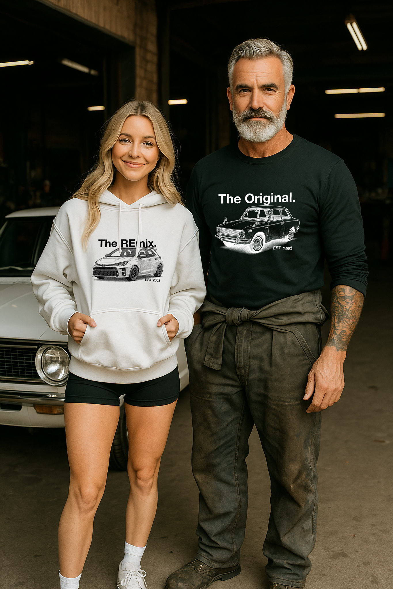 Dad and daughter wearing matching car-themed shirts – The Original KE10 Corolla on long sleeve and The Remix GR Corolla on hoodie