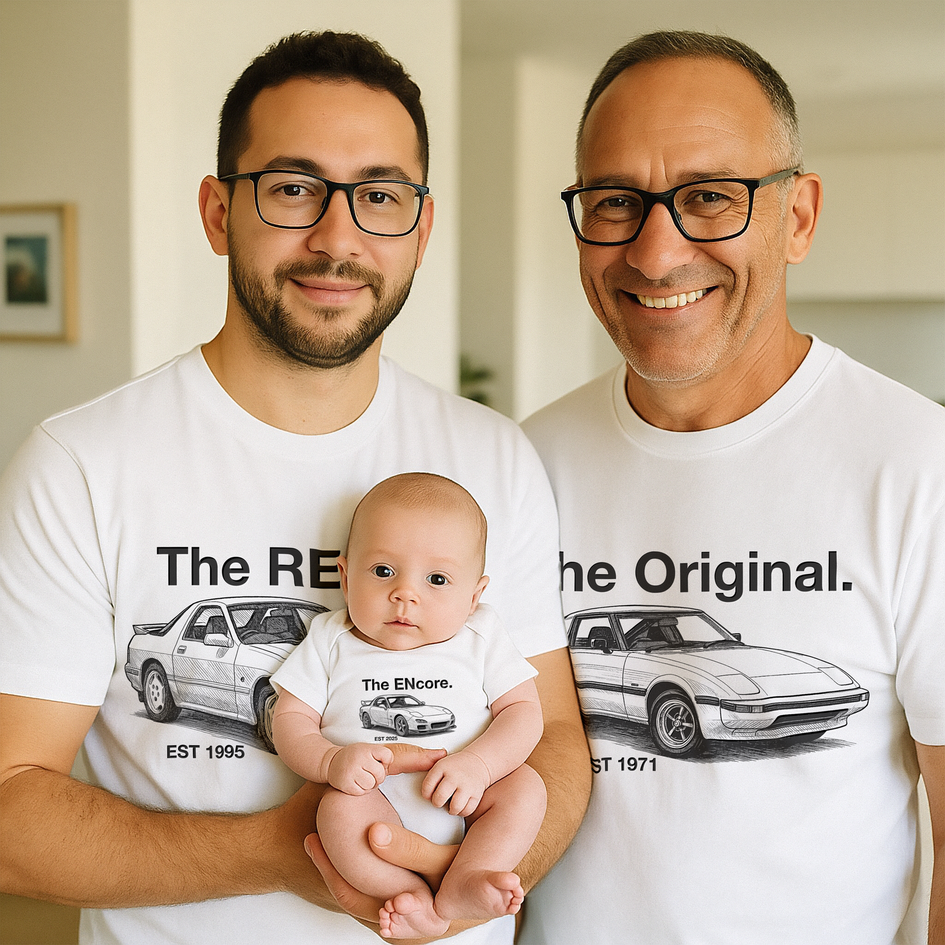 Three generations in matching Mazda RX-7 shirts – The Original FB RX-7, The Remix FC RX-7, and The Encore FD RX-7 design on white tees and baby bodysuit