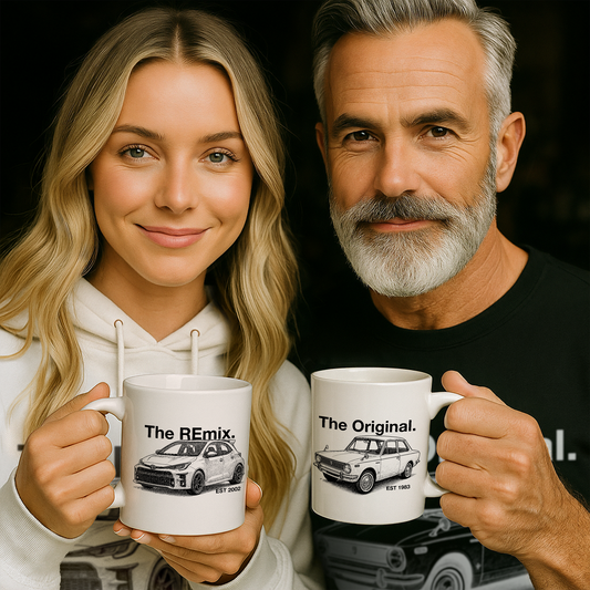 Father and daughter holding custom “The Original” and “The REmix” car illustration mugs – matching personalised gift set from Level UP Apparel