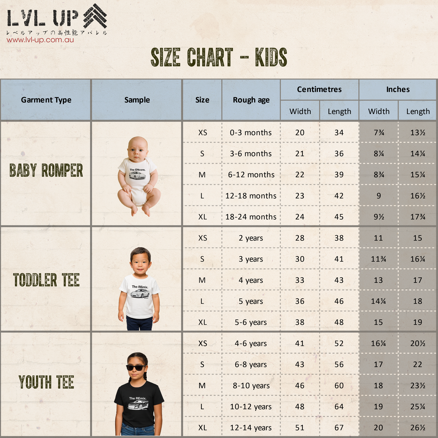 Level UP Apparel kids size chart for baby rompers, toddler tees, and youth tees in inches and centimetres