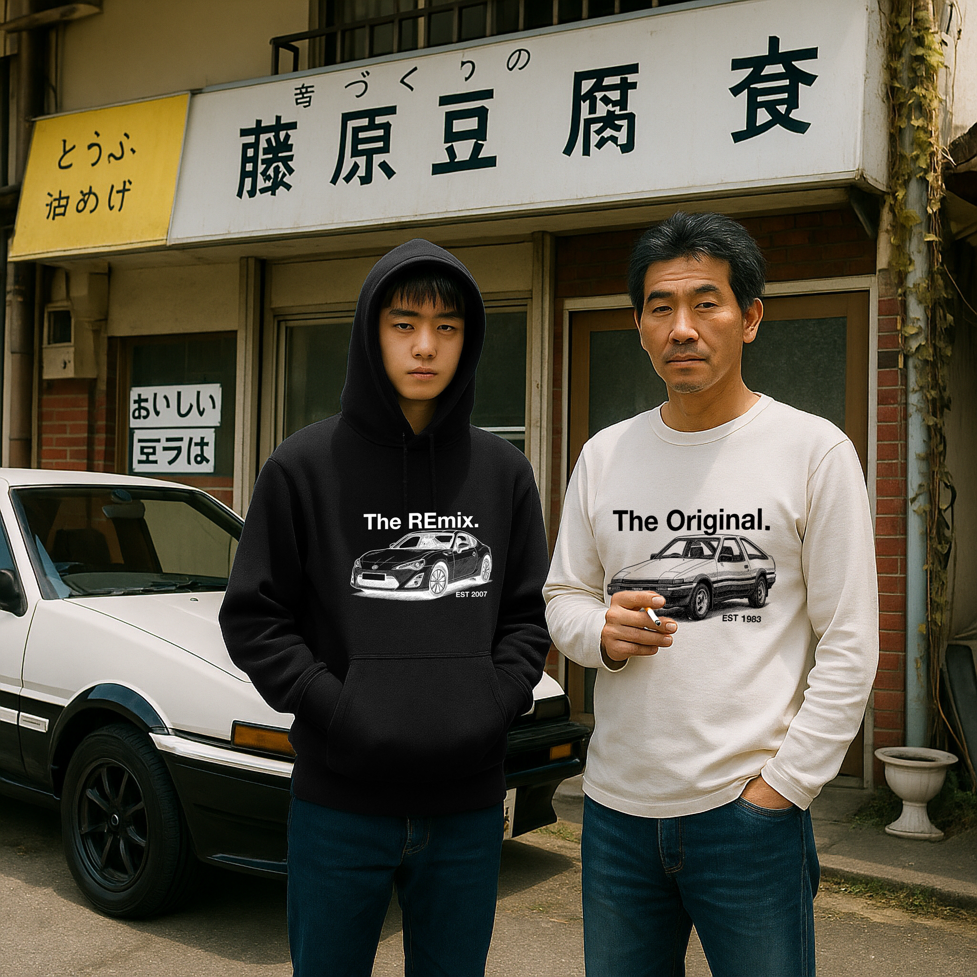 Father and son wearing matching car shirts in front of tofu shop – The Original AE86 and The Remix GR86 design