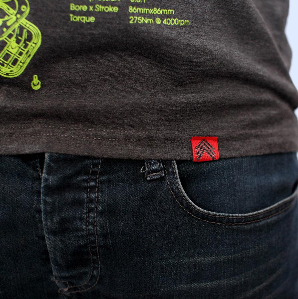 Level UP Nissan SR20 engine diagram T-shirt in grey showing red Level UP tag on the front hem